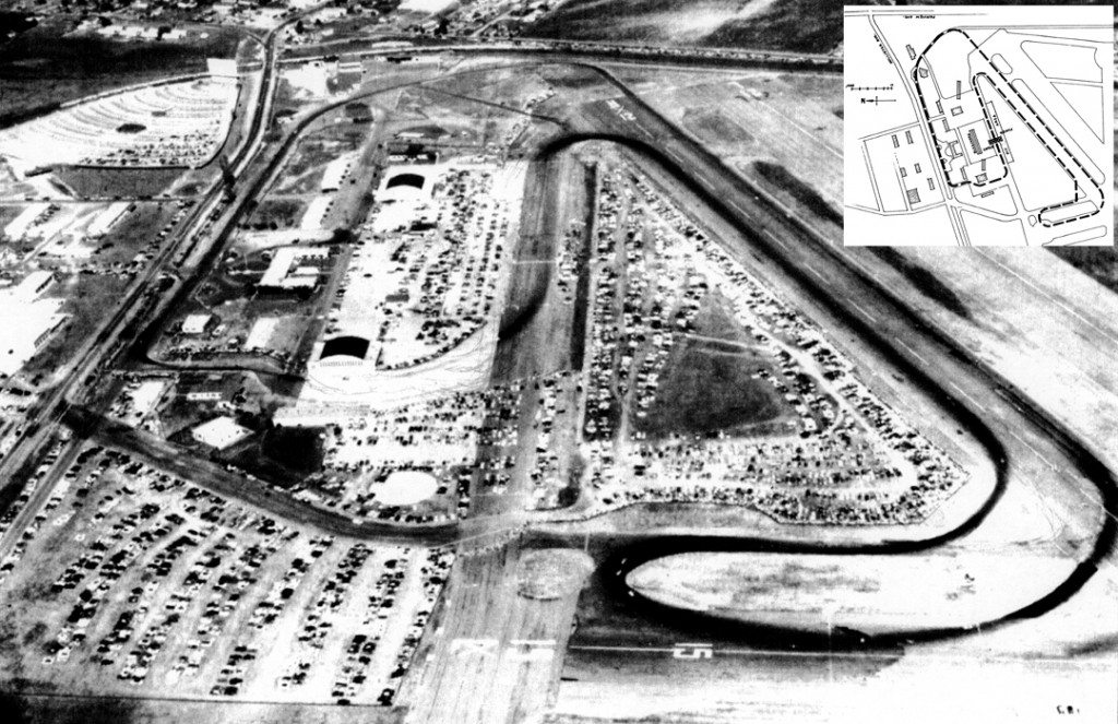 Track map from the event program (inset) and an aerial view (main image) taken after several years of racing. The airportÕs main runway has since been reconstructed parallel to Hollister, the street on the far left, so the track could no longer be run as 