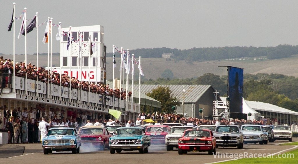 Start of the Shelby Cup race for pre-66 small-block V8 saloons.<br />Photo: Roger Dixon 
