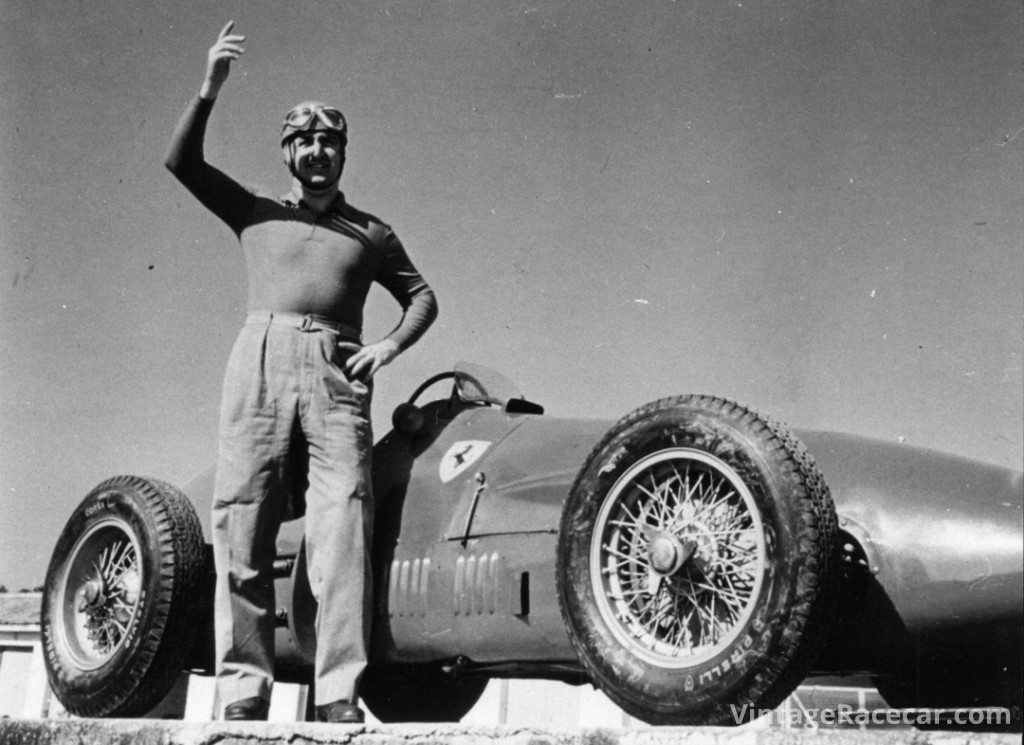 His signature sky blue helmet firmly strapped to his head, Alberto Ascari poses for a Pirelli publicity picture before the 1952 Italian GP at Monza. Photo Pirelli 