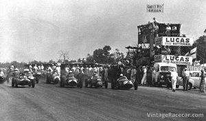 Away from the 1957 Australian GP start, Stan Jones (Maserati 250F #1)  leads Jack Brabham (Cooper-Climax #3), Davison (#2) and Len Lukey (Cooper-Bristol #9).Photo: Bob Campbell Collection 