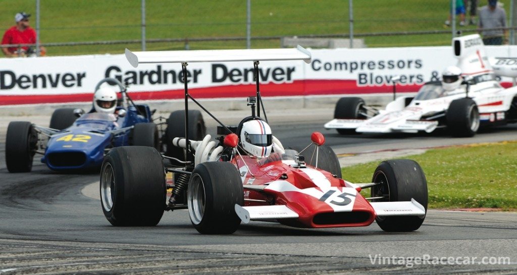 F5000 - Mark Harmer in his 1969 Surtees TS5 leads the Lolas of Bruce Sevier's and Rick Parsons.  Harmer finished 2nd in Sunday's F5000 Feature Race. Photo: Jim Hatfield 