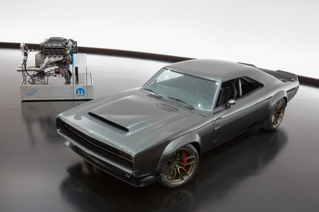 The 1968 Dodge “Super Charger” Charger Concept incorporates modern touches, including the new 1,000 horsepower “Hellephant” 426 Supercharged Mopar Crate HEMI® Engine, shown in background, to reimagine one of the most iconic vehicles ever built by FCA US. FCA US LLC