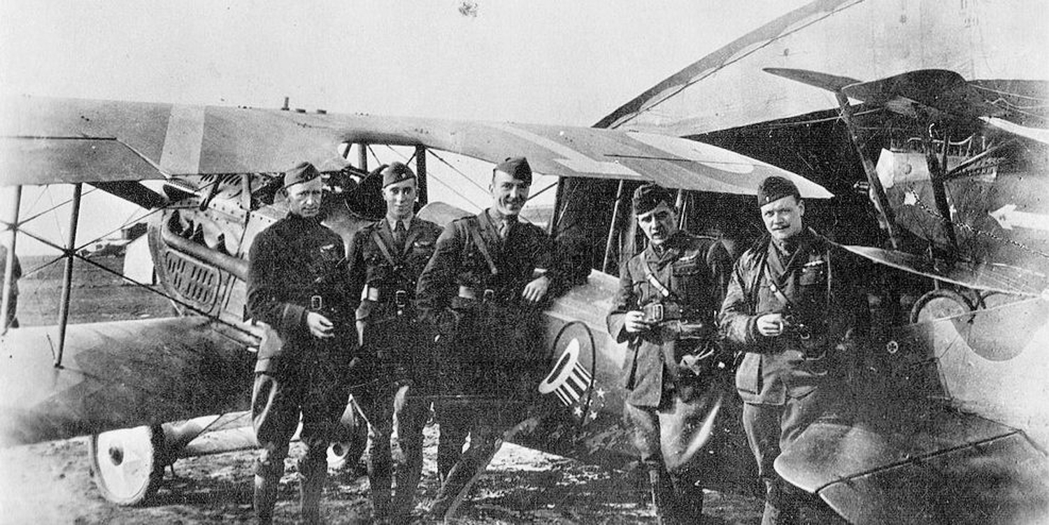 94th Aero Squadron. Identified pilots are: 1LT Reed Chambers, Capt James Meissner, 1LT Eddie Rickenbacker, 1LT T C Taylor and 1LT J H Eastman Date 1918 