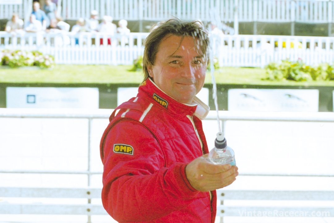 Rene Arnoux enjoys a playful moment in the Goodwood heat.Photo: Peter Collins 