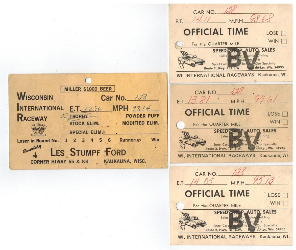 Timing slips from the drag races after Mr. Stonebrook got the car running. 