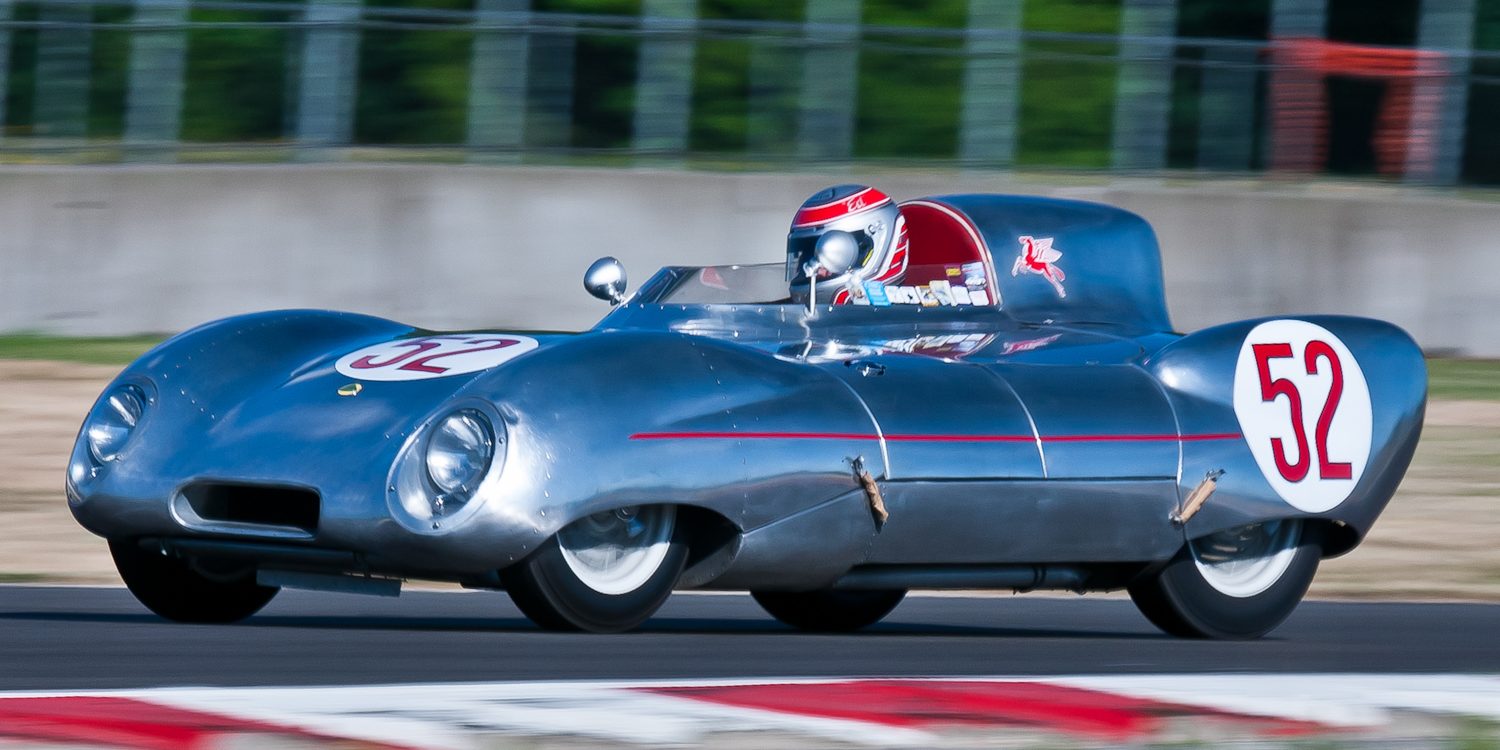 Group 1.  Ed Nigro (#52, 1956 Lotus Eleven) entering turn 12 during Saturday morning's qualifying race. Jeff Mach