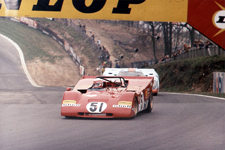 Ferrari 312 PB driven by Clay Regazzoni leads Gulf Oil Porsche 917 at Brands Hatch in 1971