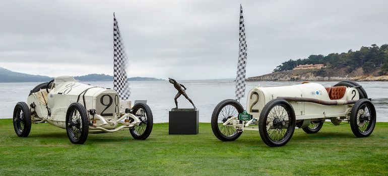 1915 Mercedes 115 HP Demarest Grand Prix of George Wingard (left) and the 1915 Opel 4500 cc Grand Prix Racer of the Keller Collection  Kimball Studios