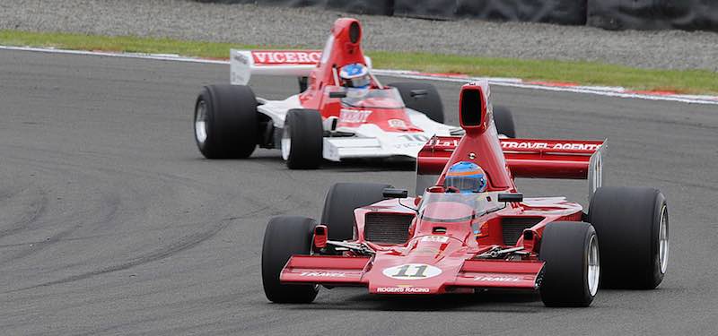 Ken Smith's Lola T332 leading Andrew Higgins' Lola T400 in the first MSC F5000 Tasman Cup Revival Series race at Manfeild