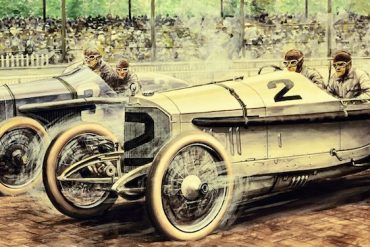 Painting by Carlo Demand depicting 1915 Indianapolis 500 finish