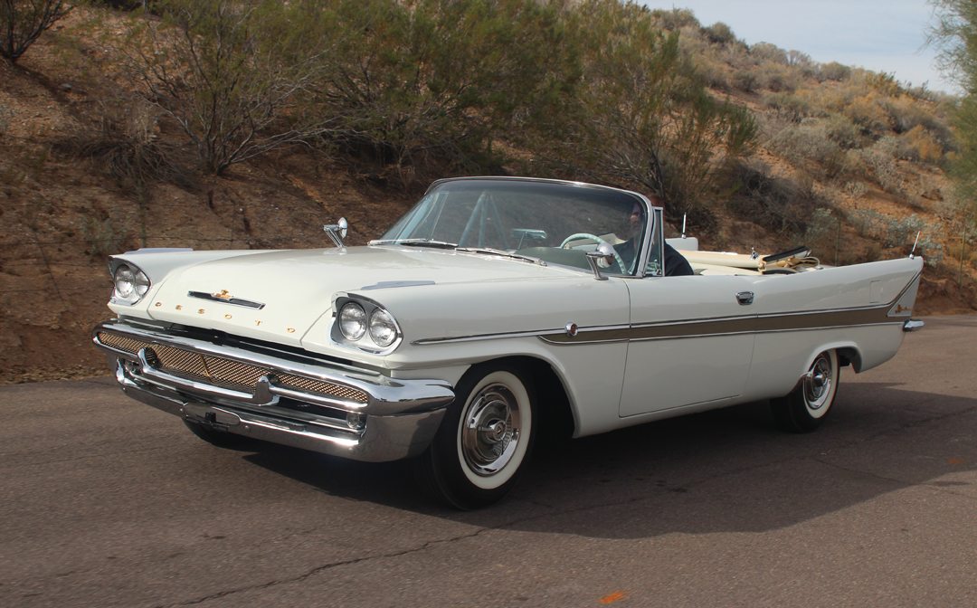 Three-quarter view of a 1958 white DeSoto Adventurer