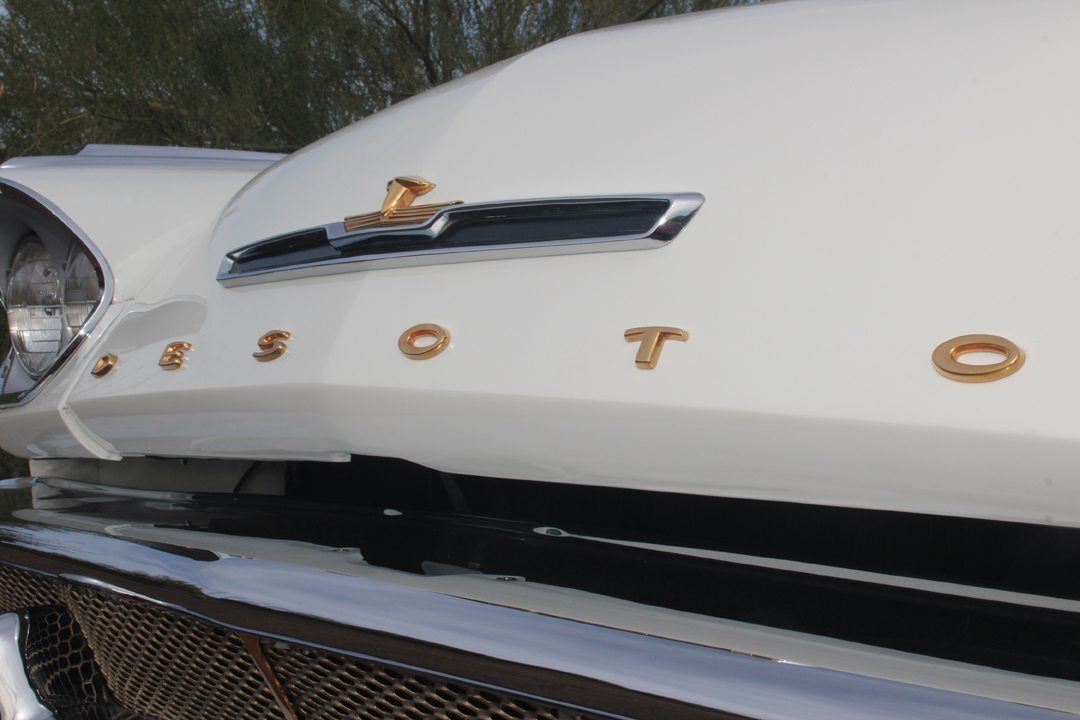 Front DeSoto nameplate on a 1958 white DeSoto Aventurer