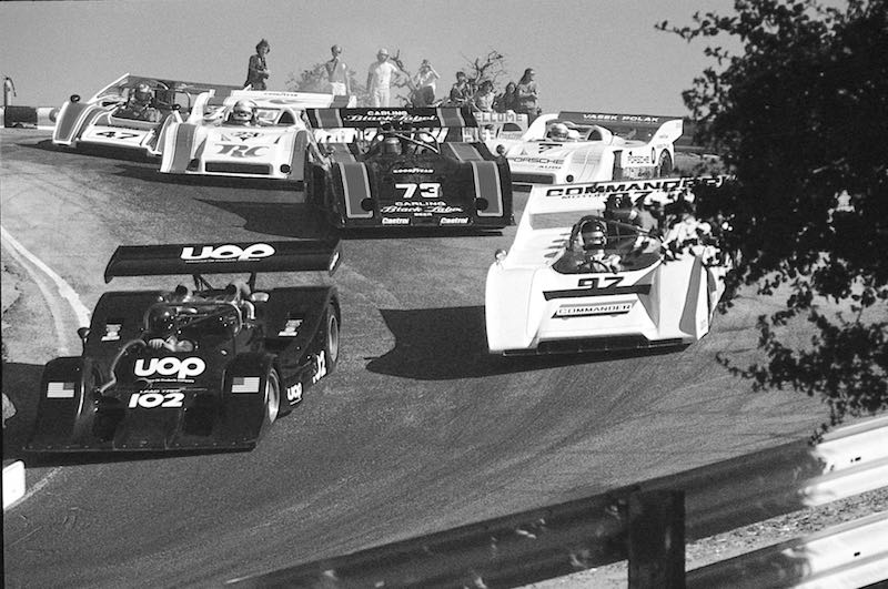 Rush Hour in the Corkscrew as Vic Elford goes inside with his Shadow (102) ahead of Bobby Brown, David Hobbs, Charlie Kemp, Ed Felter and Jody Scheckter in the 1973 Can-Am race.