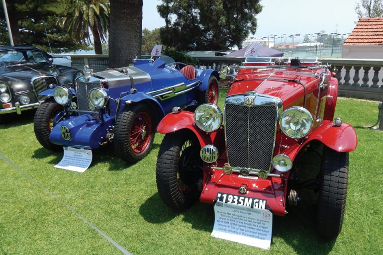 The blue 1934 MG NA (replica) next to 1935 MG NB.