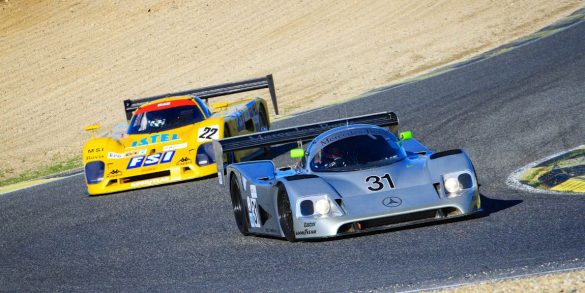 The 1989 Mercedes-Benz C11 leads going through a bend during The Jarama Classic 2017