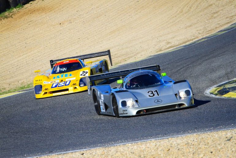 The 1989 Mercedes-Benz C11 leads going through a bend during The Jarama Classic 2017