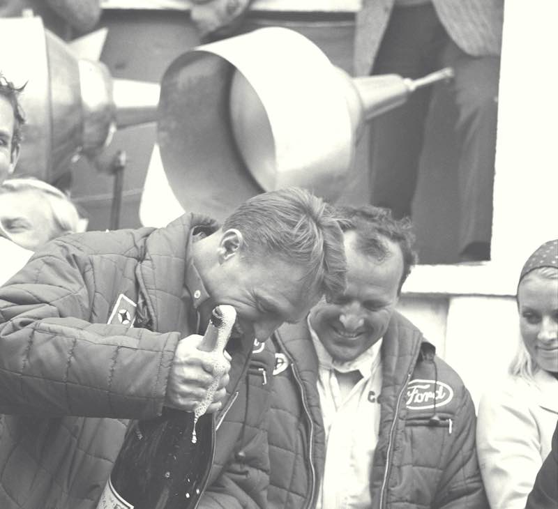 Dan Gurney and AJ Foyt on victory rostrum at the 24 Hours of Le Mans in 1967