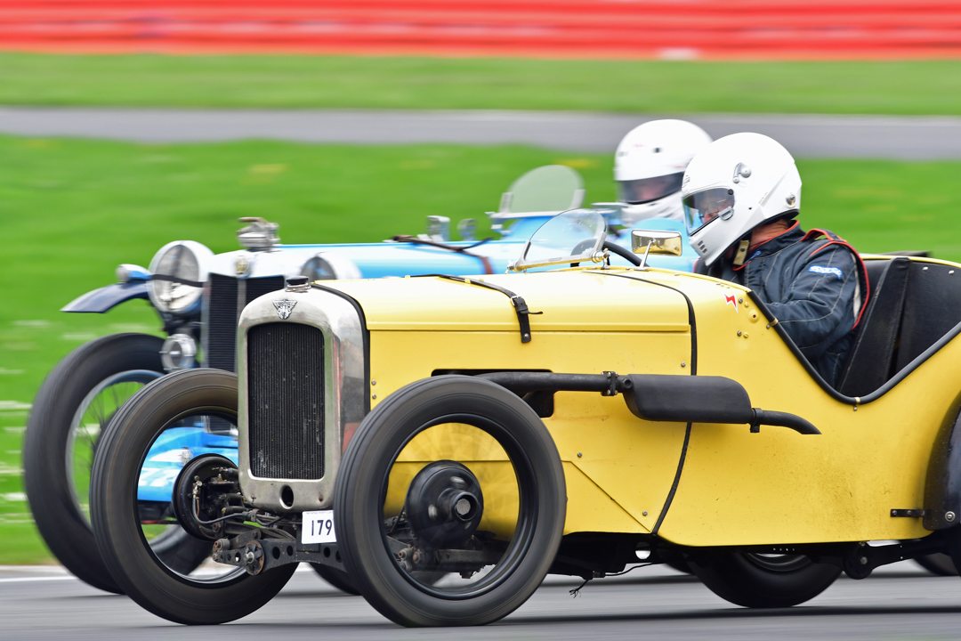 Close stuff at Luffield with the Austin 7 Ulster of Hugh Birley.
