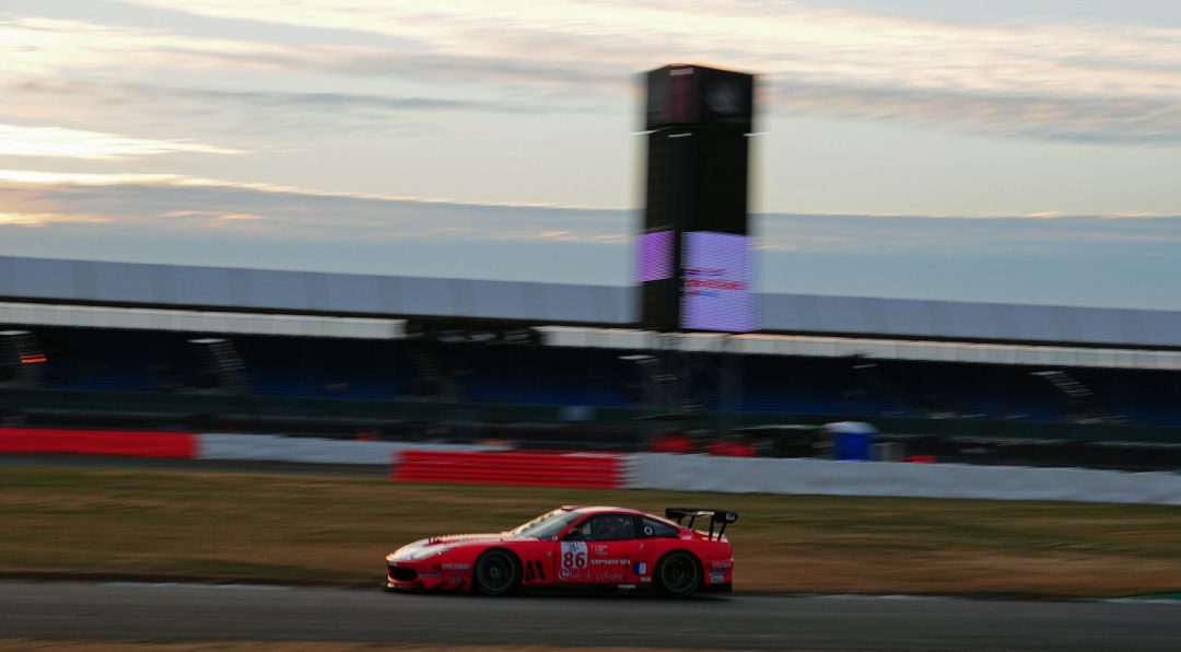 Steve Zacchia at twilight in Ferrari 550 GT1.