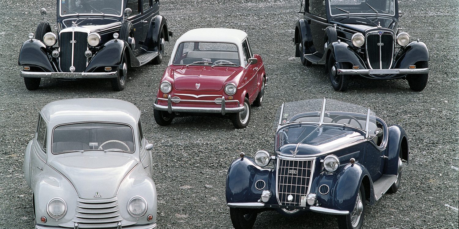 Audi history at a glance: Horch 830 BL,1938; DKW3=6F91, 1953; NSU Prinz 30, 1959; Wanderer W25K, 1937; Audi Front 225, 1936 (left to right).