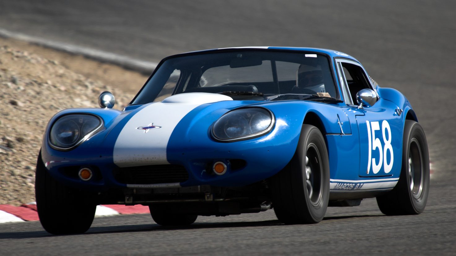 Front view of a 1971 blue Marcos 1800 GT 