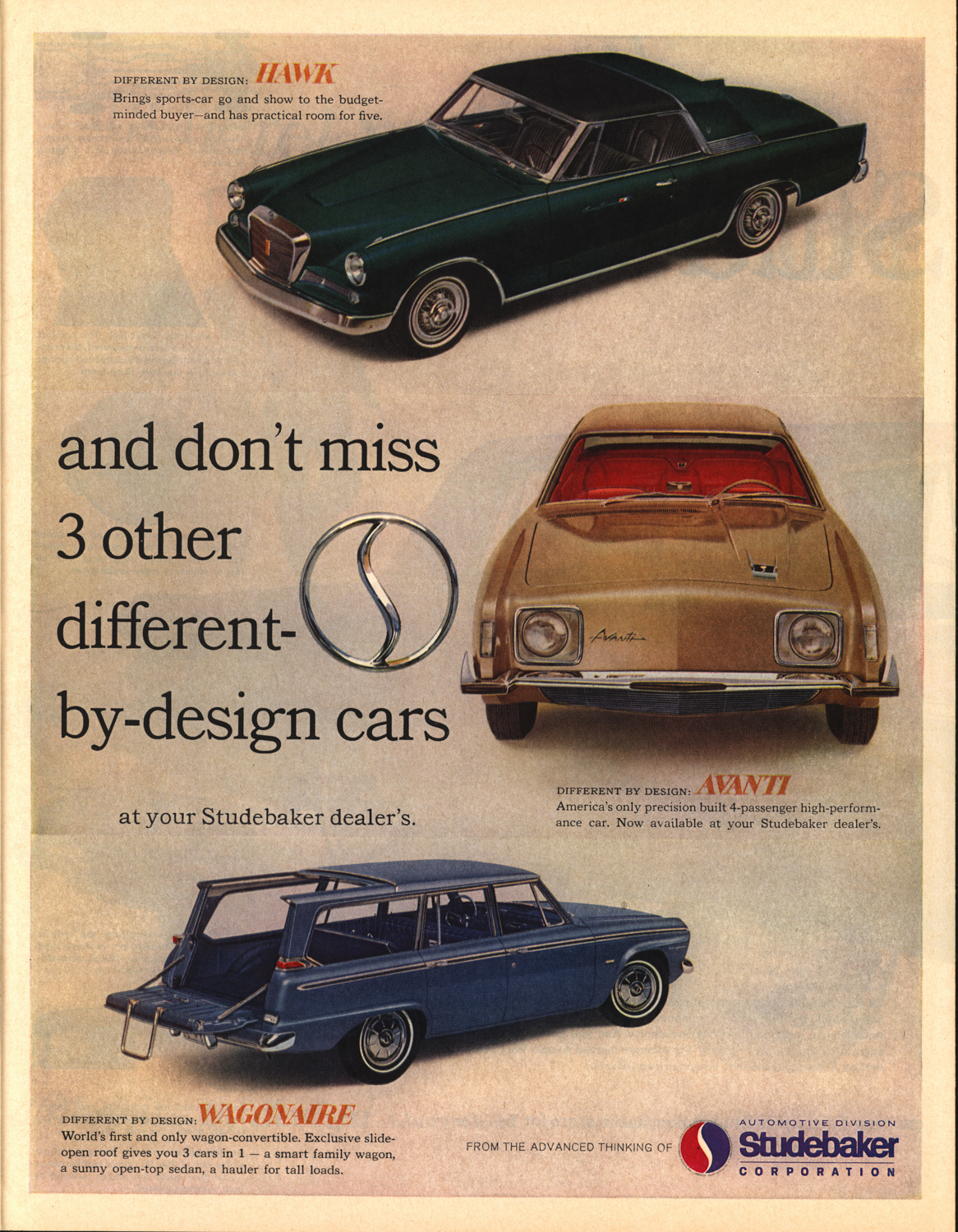 Brochure of a Studebaker Gran Turismo Hawk, a full line of Larks, and the stunning Avanti. 