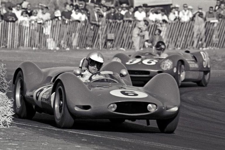 A week after his victory in the LA Times Grand Prix at Riverside, Penske in his Zerex Special, leads Dan Gurney’s Lotus 19 in heat one of the USAC Road Racing Championship round at Laguna Seca on October 21, 1962. Penske clinched the 1962 United States Road Racing Championship title. Photo courtesy of David Friedman.
