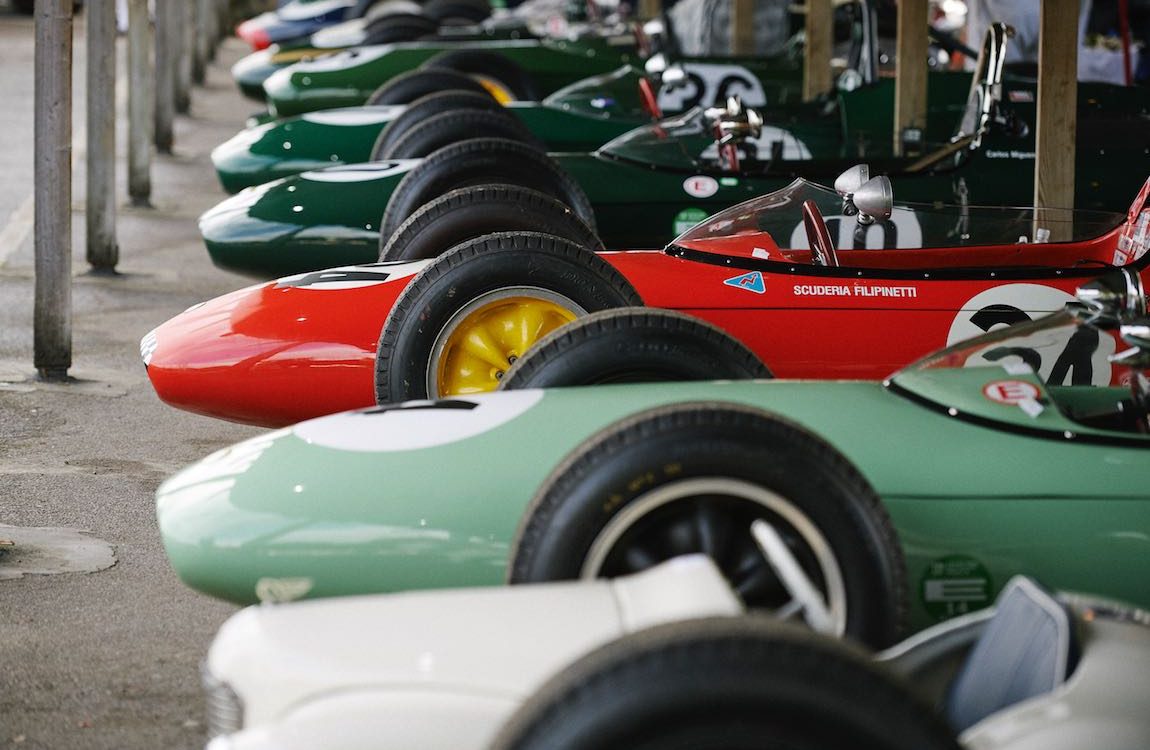 Lined up in the paddock before the 1957 British Grand Prix celebration