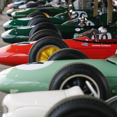 Lined up in the paddock before the 1957 British Grand Prix celebration
