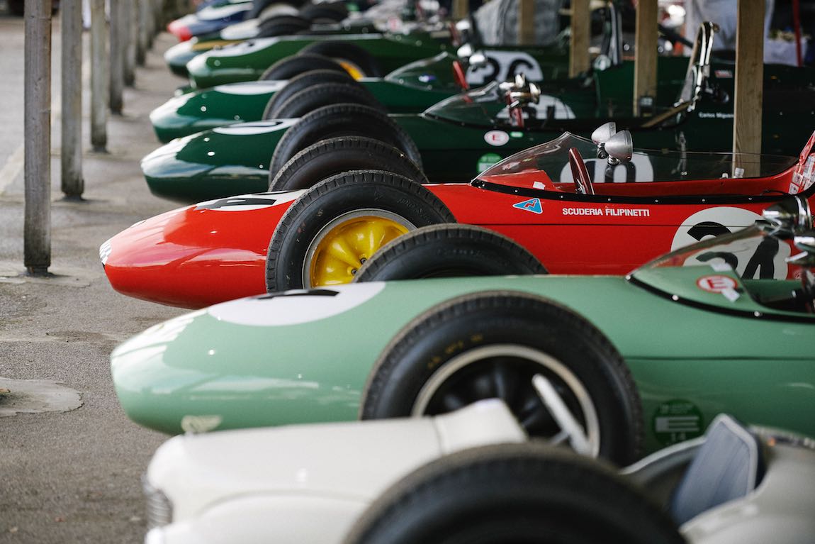 Lined up in the paddock before the 1957 British Grand Prix celebration