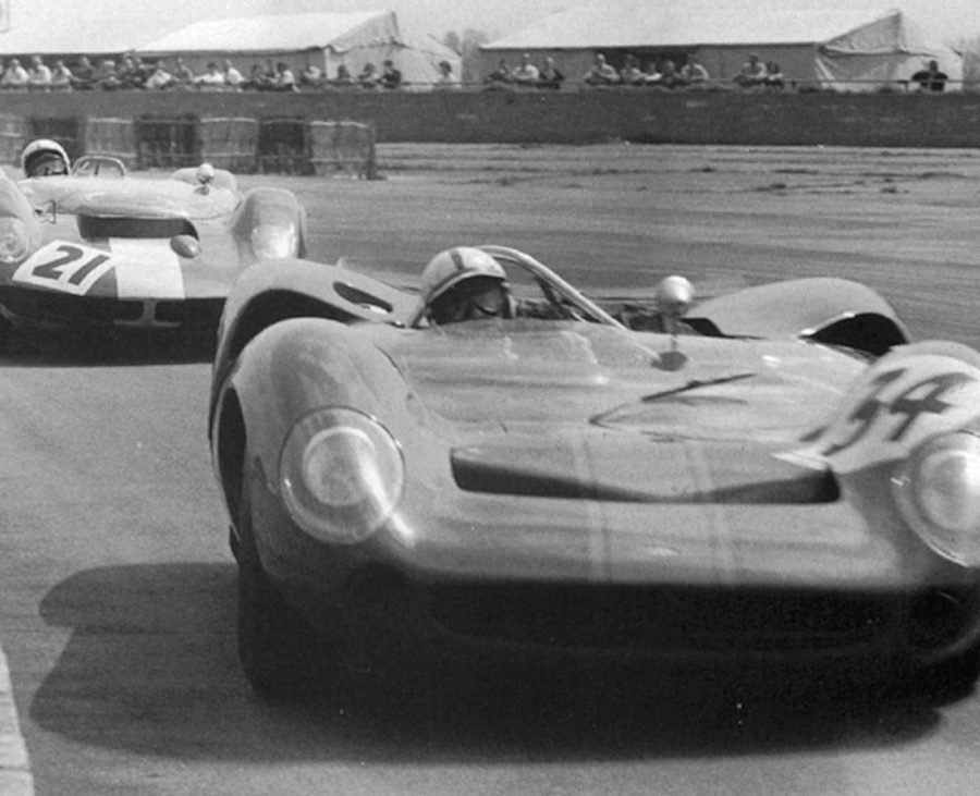 The Lola T70 spyder makes its race debut at Silverstone, England (1965).