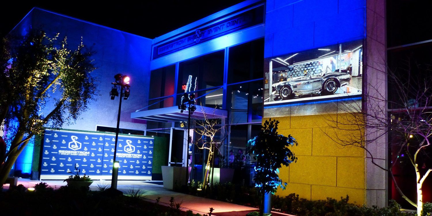 nighttime shot of the Segerstrom Shelby Event Center entrance