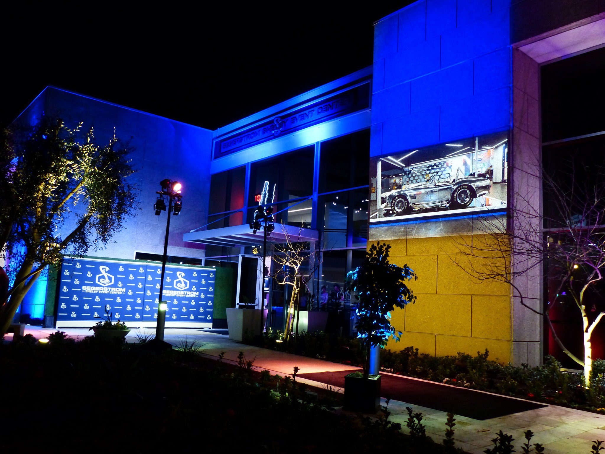 nighttime shot of the Segerstrom Shelby Event Center entrance
