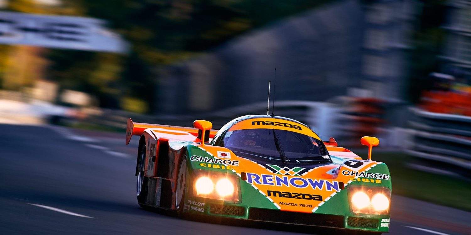 Mazda 787B accelerating out of Indianapolis.