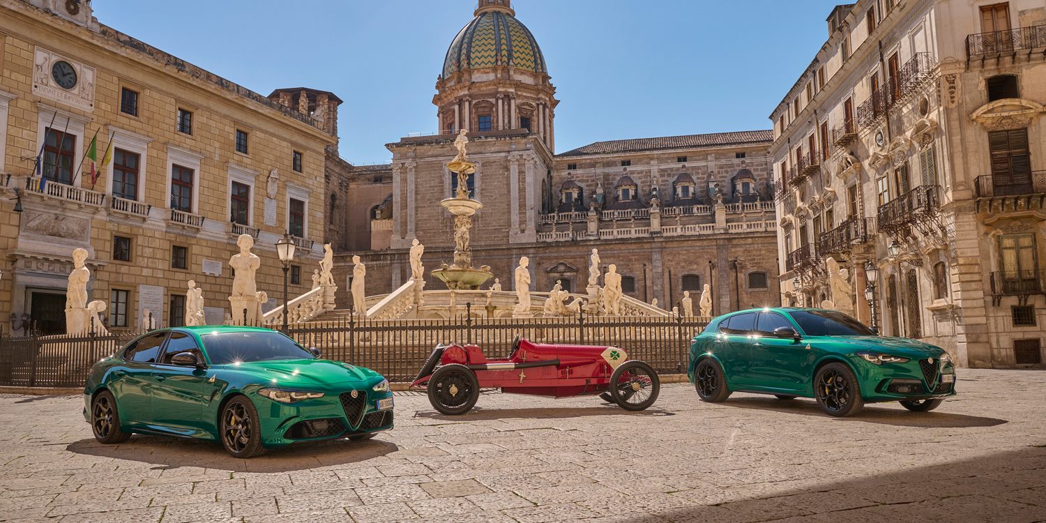 2024 Alfa Romeo Giulia and Stelvio Quadrifoglio 100th anniversary models (European spec shown) with historic 1923 RL Quadrifoglio Stellanits