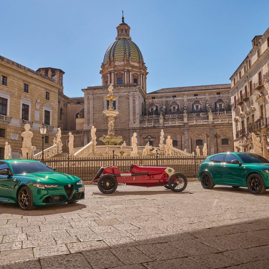 2024 Alfa Romeo Giulia and Stelvio Quadrifoglio 100th anniversary models (European spec shown) with historic 1923 RL Quadrifoglio Stellanits