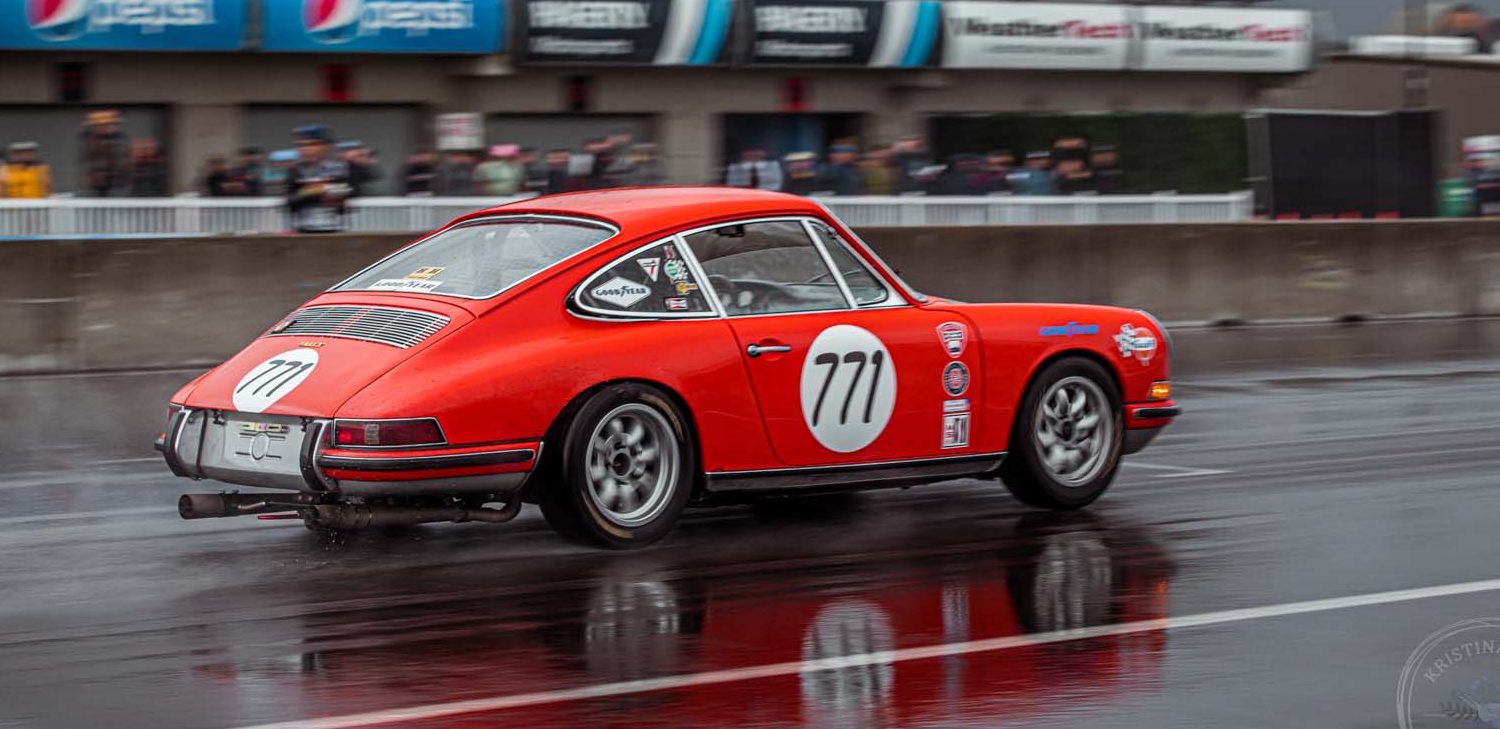 Cameron Healy doesn't let the slick conditions slow him down in this 1968 911S during Saturday mornings rain at RR7.