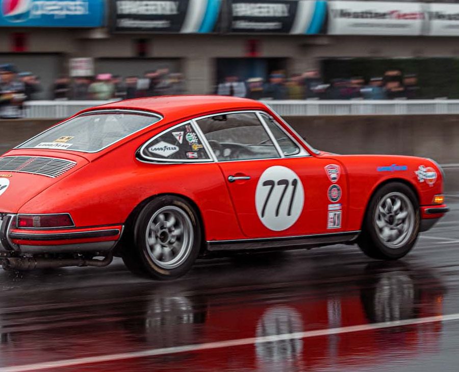 Cameron Healy doesn't let the slick conditions slow him down in this 1968 911S during Saturday mornings rain at RR7.