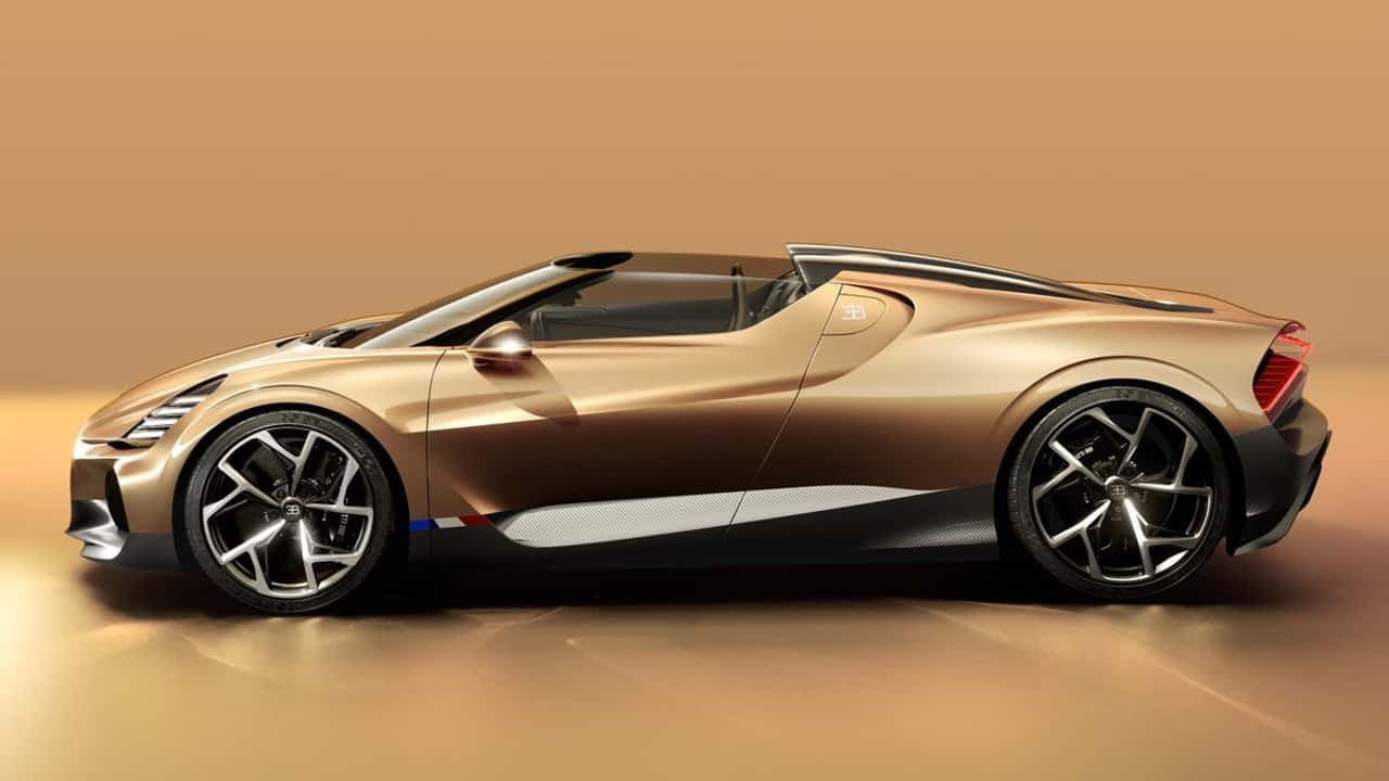  side profile of a gold Bugatti Mistral