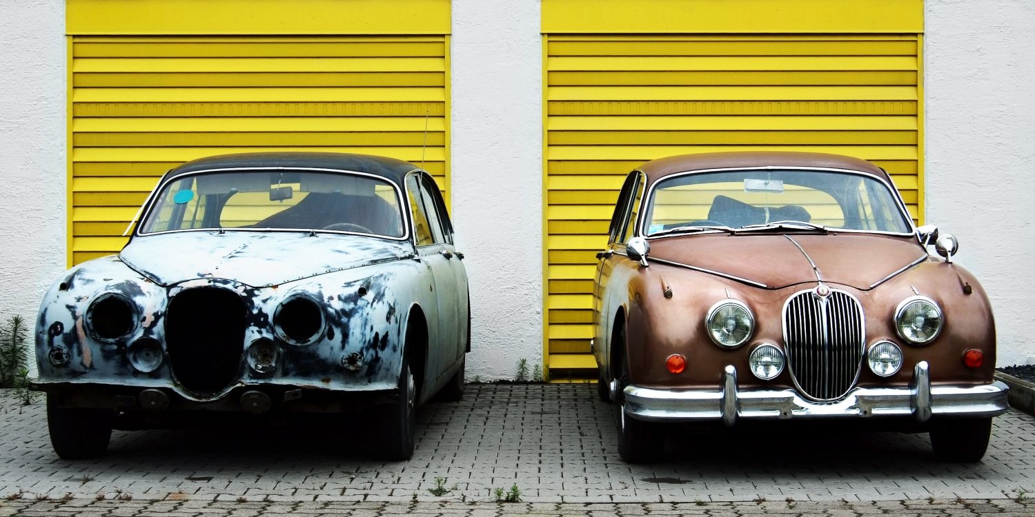 Unrestored and restored Jaguars