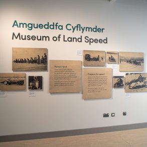 Display of pictorial history of land speed records at Pendine Sands in the entrance to the Pendine Museum of Land Speed. Virtual Motorpix/Glen Smale