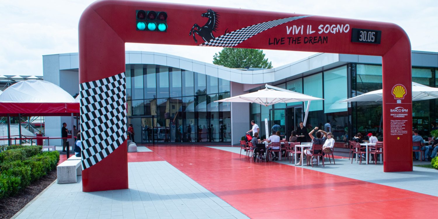 The imposing entrance to the museum in Maranello.