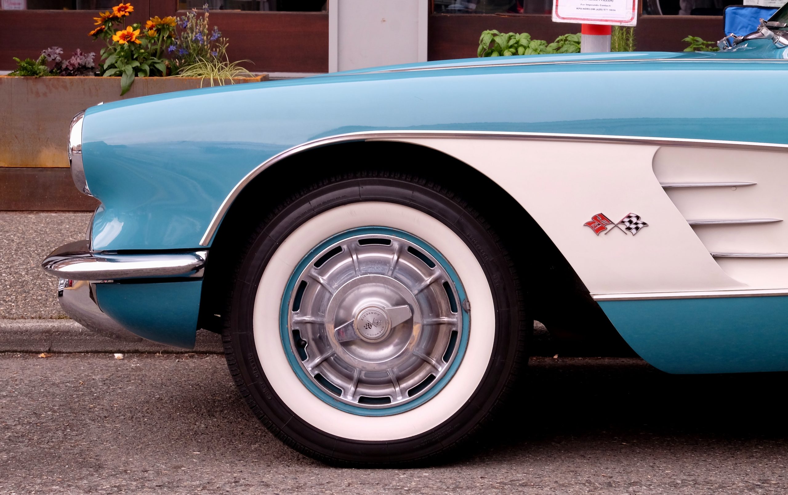 Close up of a bias-ply tire on a C1 Corvette