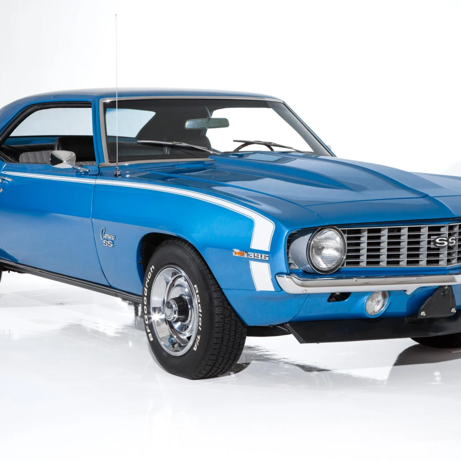 Three-quarter view of a 1969 Camaro SS Lemans Blue