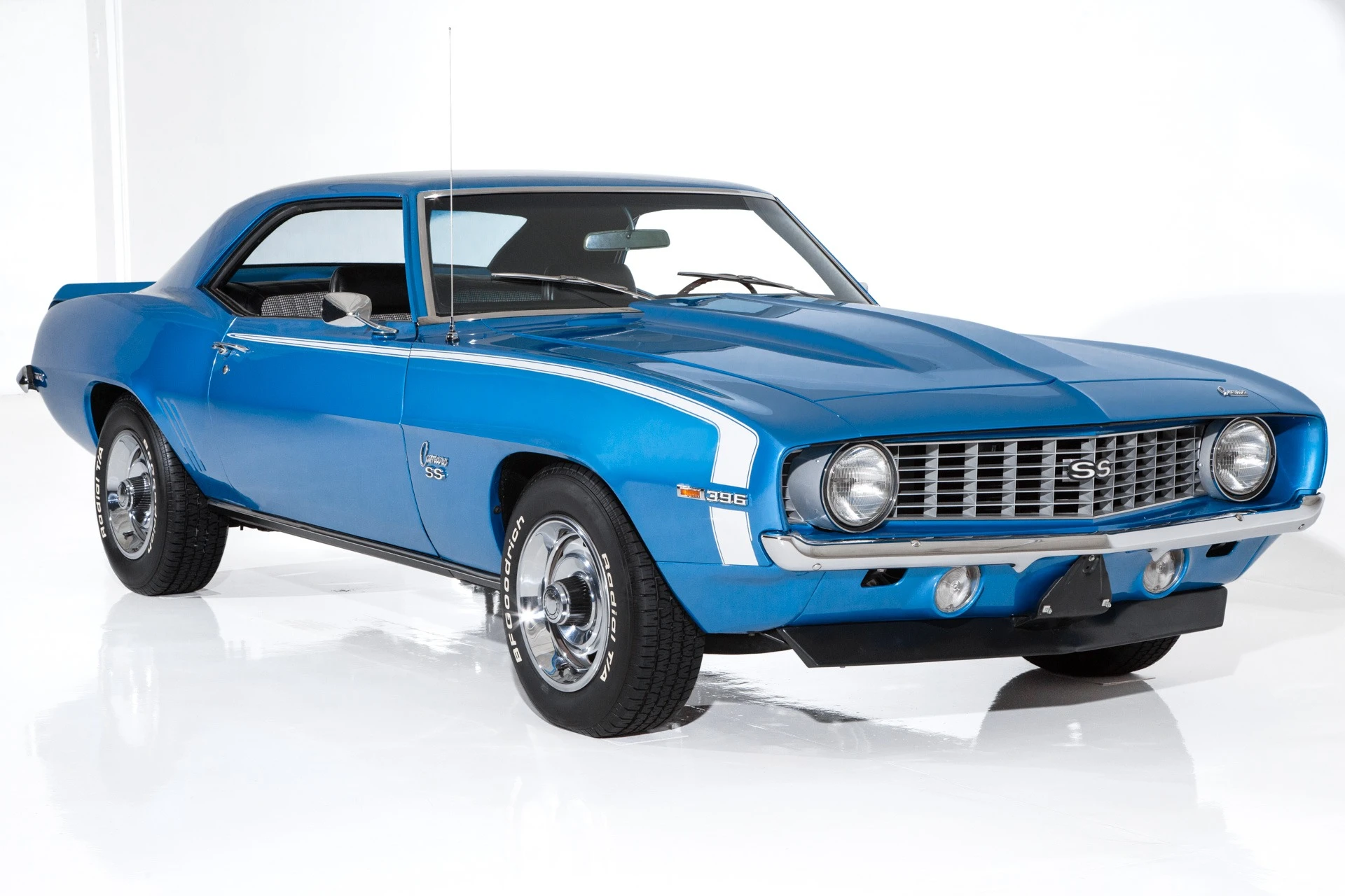 Three-quarter view of a 1969 Camaro SS Lemans Blue