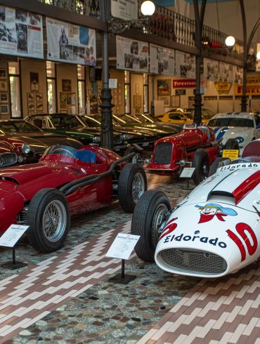 Greeting visitors to the Umberto Panini Motor Museum Collection, are: (left) 1957 Maserati 250 F - 2,500 cc V12 engine; and (right) 1958 Maserati 420M ‘Eldorado Special’ - 4,190 cc V8 engine. © Glen Smale