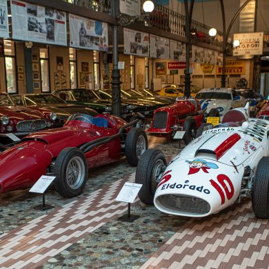 Greeting visitors to the Umberto Panini Motor Museum Collection, are: (left) 1957 Maserati 250 F - 2,500 cc V12 engine; and (right) 1958 Maserati 420M ‘Eldorado Special’ - 4,190 cc V8 engine. © Glen Smale