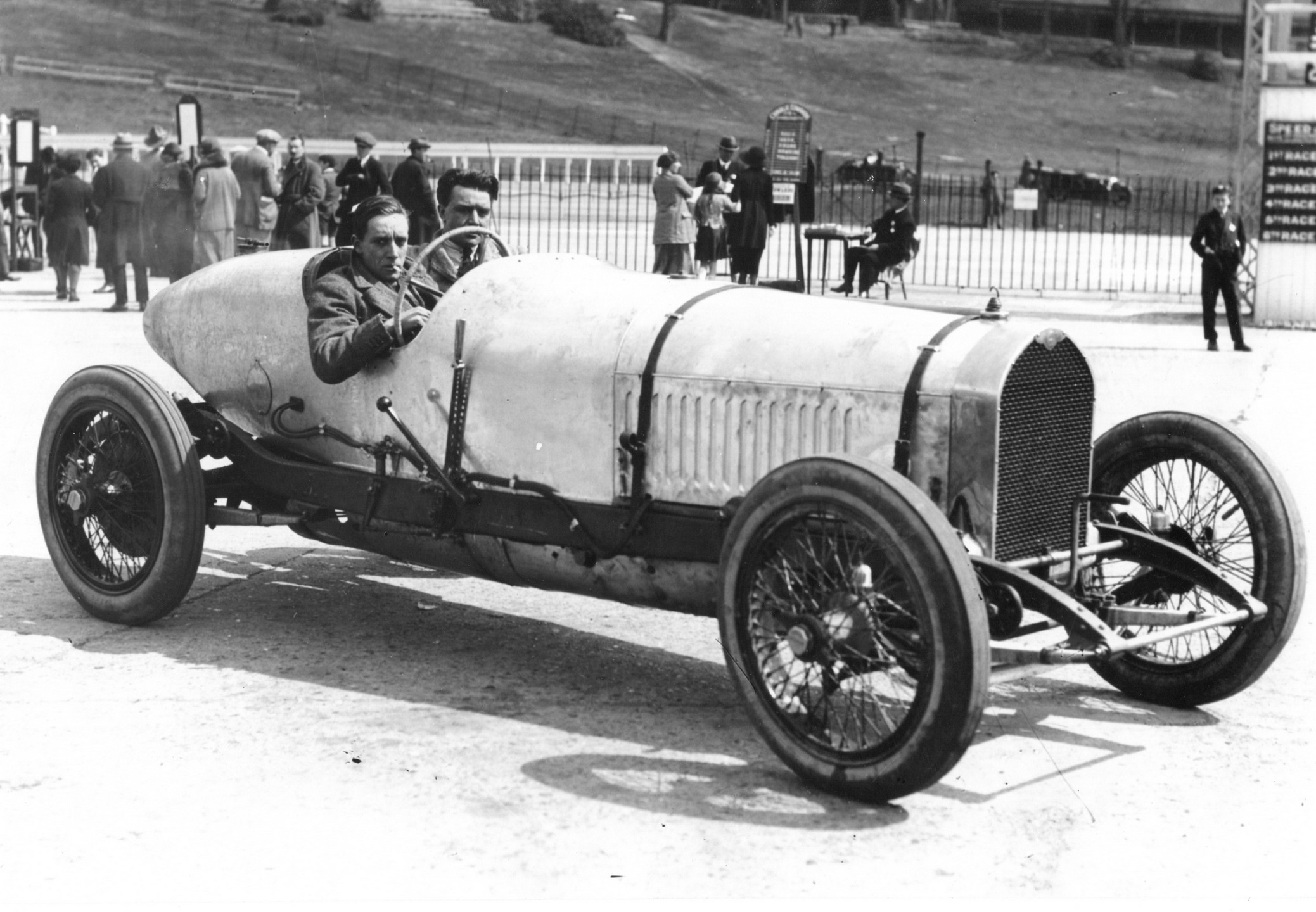 This was the world’s first sight of the Indianapolis-bound 3.0-litre Bentley during its shakedown at Brooklands. Frank Clement joined Douglas Hawkes for its exercise.