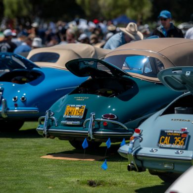 A variety of Porsche 356's line the show field