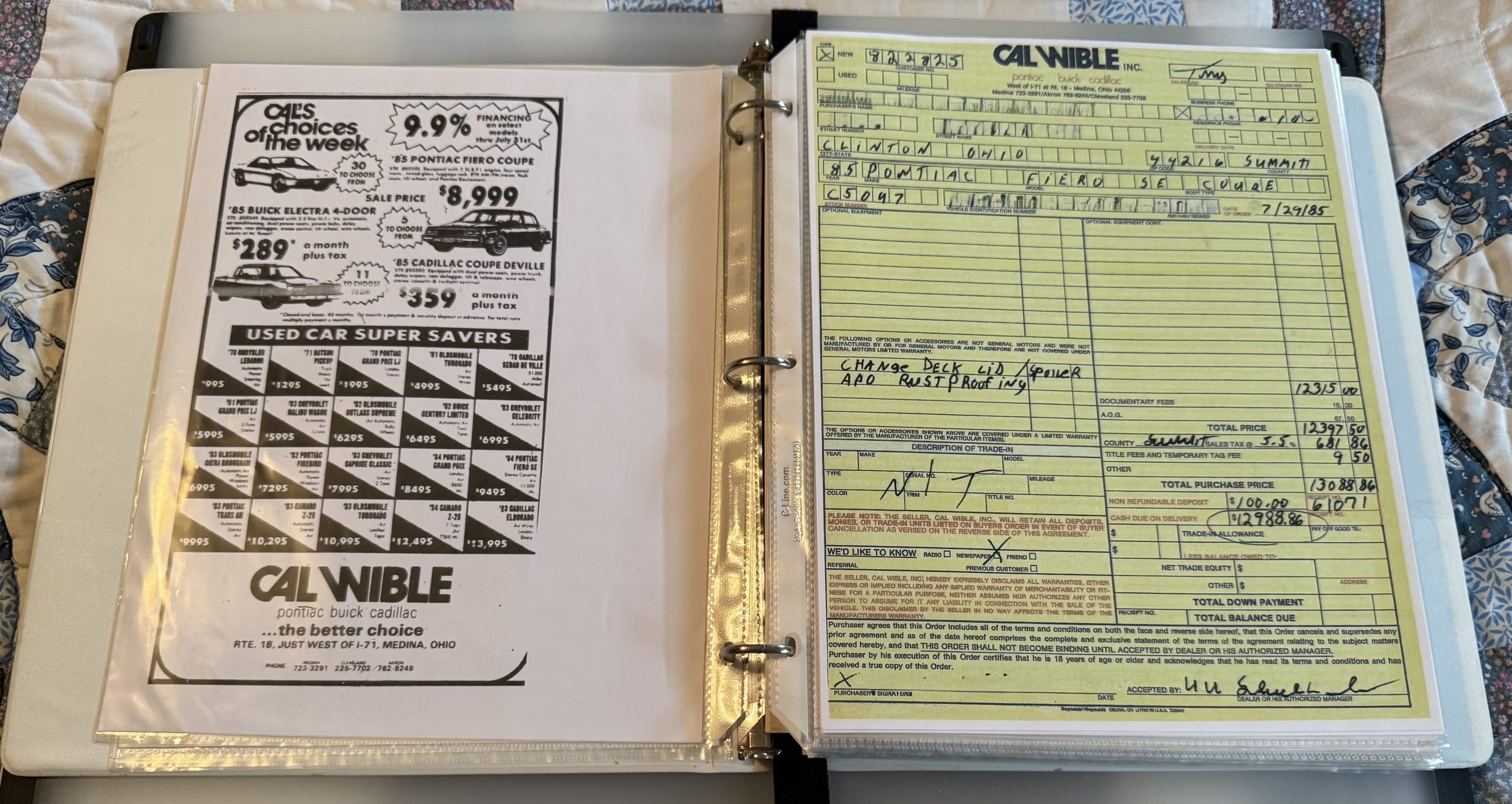 Custom binder with a car's historical receipts